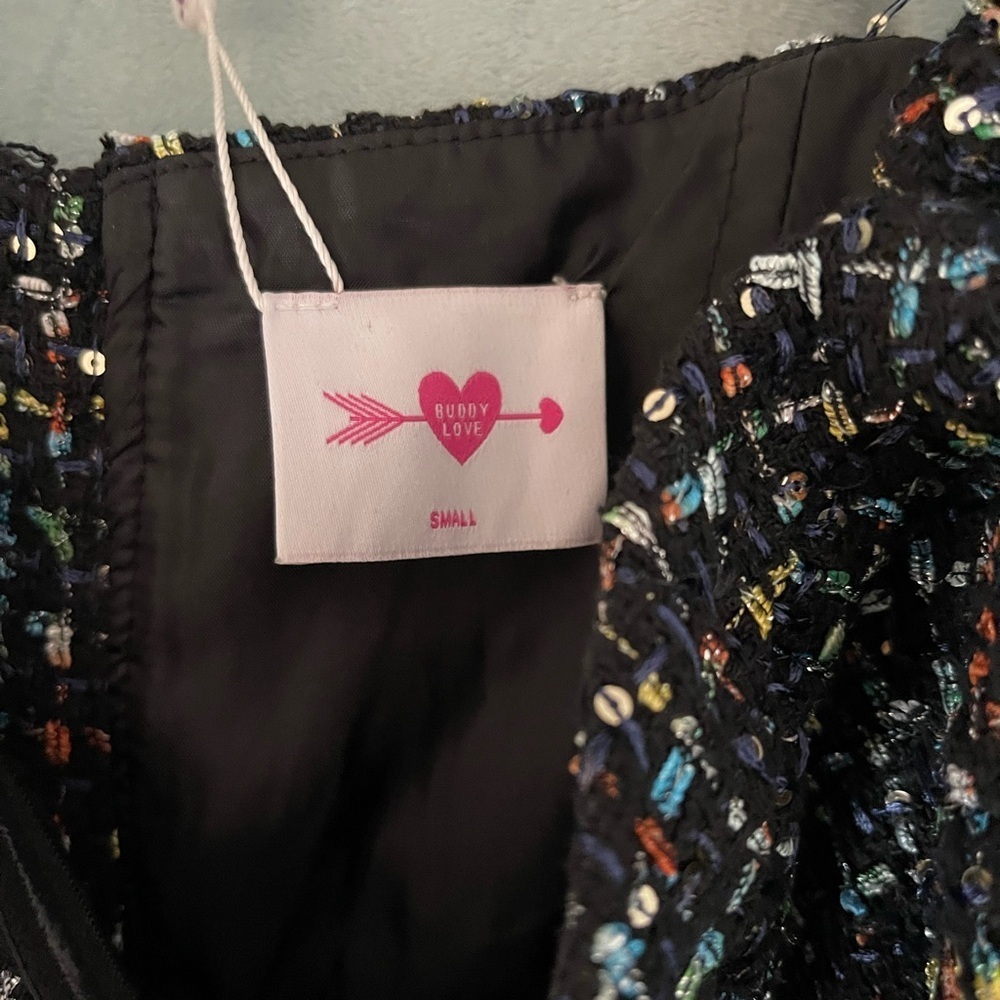 NWT Buddy Love Black Tweed Sequin Puff Sleeve Mini Dress Small - Picture 3 of 6